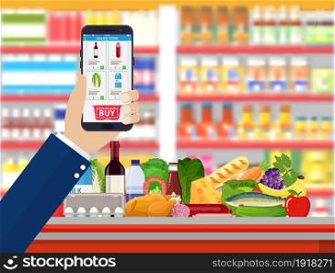 Hand holding smartphone with shopping app. Grocery delivery. Internet order. Online supermaket. Interior store inside. Drinks, food, fruits, dairy products. Vector illustration in flat style. Hand holding smartphone with shopping app.