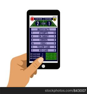 Hand holding smartphone with Soccer or football application on screen,cartoon vector illustration. Hand holding smartphone with Soccer or football application on s
