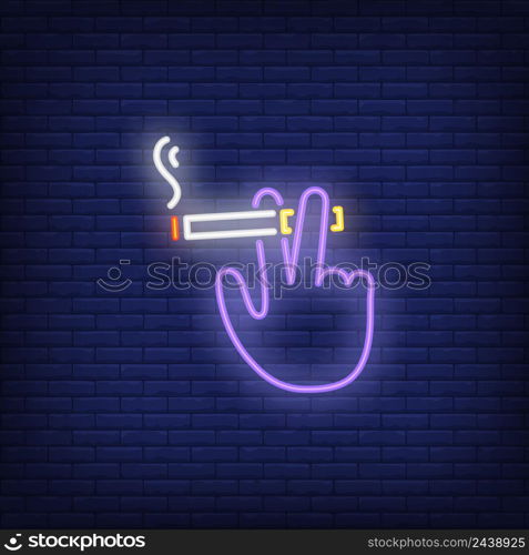 Hand holding smoking cigarette neon sign. Smoking, healthcare and addiction concept. Advertisement design. Night bright colorful billboard, light banner. Vector illustration in neon style.