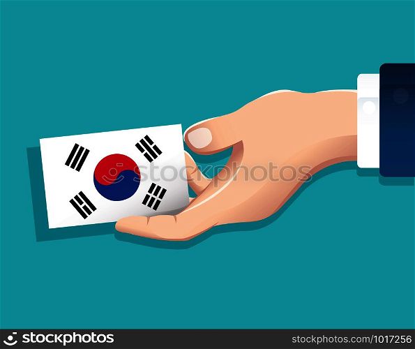 hand holding South Korea flag card with blue background. vector illustration eps10
