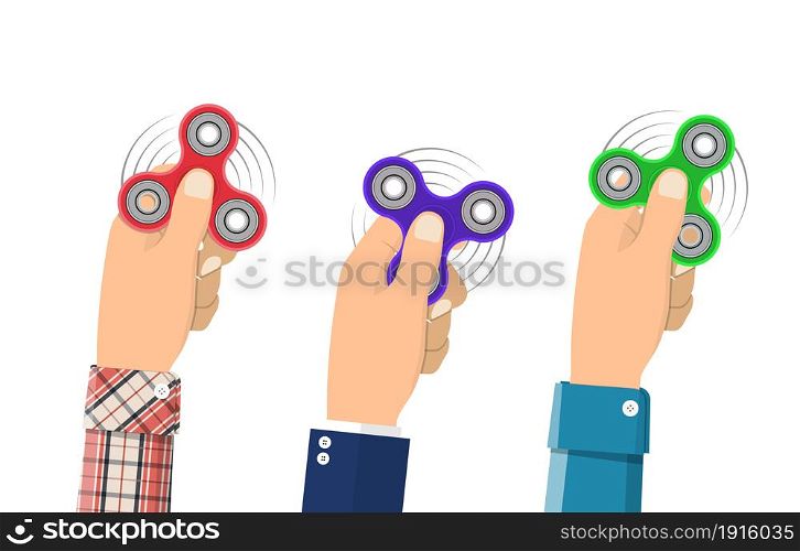 Hand holding spinner isolated on white background. Fidget toy for increased focus, stress relief. Vector illustration in flat style. Hand holding spinner.