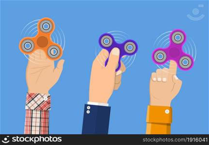 Hand holding spinner isolated on white background. Fidget toy for increased focus, stress relief. Vector illustration in flat style. Hand holding spinner.