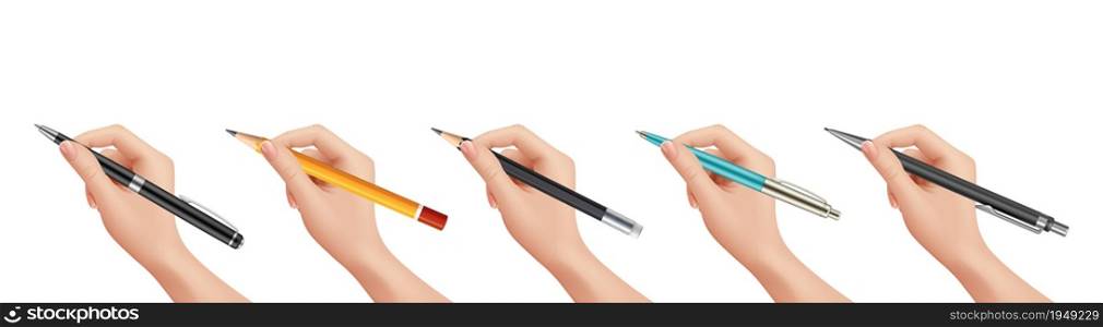 Hand holding stationery. Realistic pen pencil, isolated numan arm signs document vector illustration. Pen hand, pencil or sign, write by ballpoint. Hand holding stationery. Realistic pen pencil, isolated numan arm signs document vector illustration