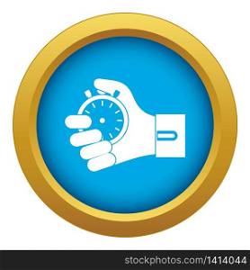 Hand holding stopwatch icon blue vector isolated on white background for any design. Hand holding stopwatch icon blue vector isolated