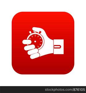 Hand holding stopwatch icon digital red for any design isolated on white vector illustration. Hand holding stopwatch icon digital red