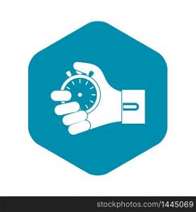Hand holding stopwatch icon. Simple illustration of hand holding stopwatch vector icon for web. Hand holding stopwatch icon, simple style