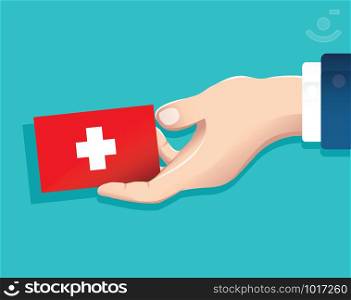 hand holding Switzerland flag card with blue background. vector illustration eps10