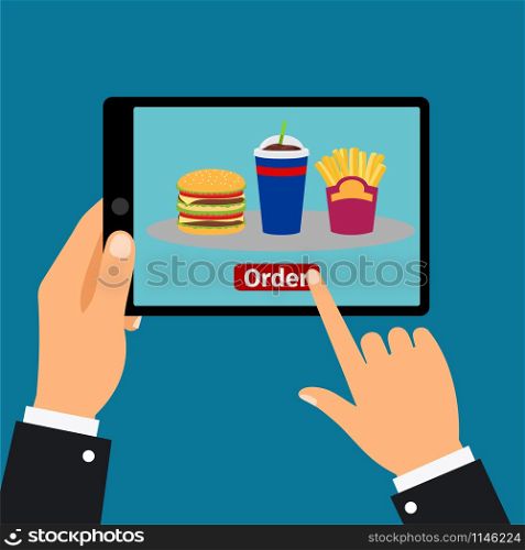 Hand holding tablet and order fast food, vector illustration. Hand holding tablet, order fast food