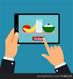 Hand holding tablet and order healthy food, vector illustration. Hand holding tablet, order food