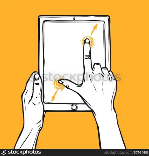 Hand holding tablet gadget and pinch gesture sketch on orange background vector illustration.