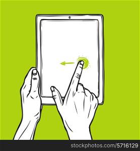 Hand holding tablet gadget and swipe gesture sketch on green background vector illustration