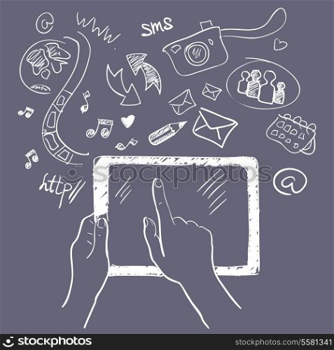 Hand holding tablet touchscreen sketch play communication elements background vector illustration