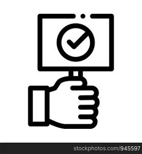 Hand Holding Tablet With Approved Mark Vector Icon Thin Line. Approved Sign On Document File, Protection Shield And Opened Carton Box Concept Linear Pictogram. Monochrome Contour Illustration. Hand Holding Tablet With Approved Mark Vector Icon