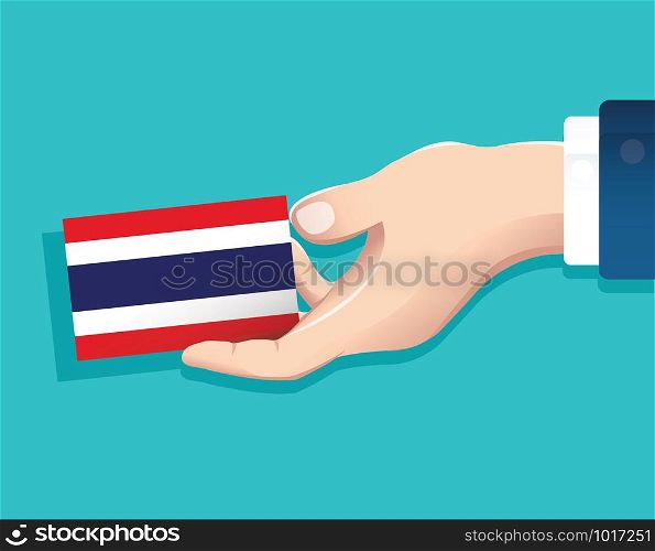 hand holding Thailand flag card with blue background. vector illustration eps10