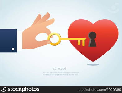 hand holding the big key with keyhole on red heart vector illustration