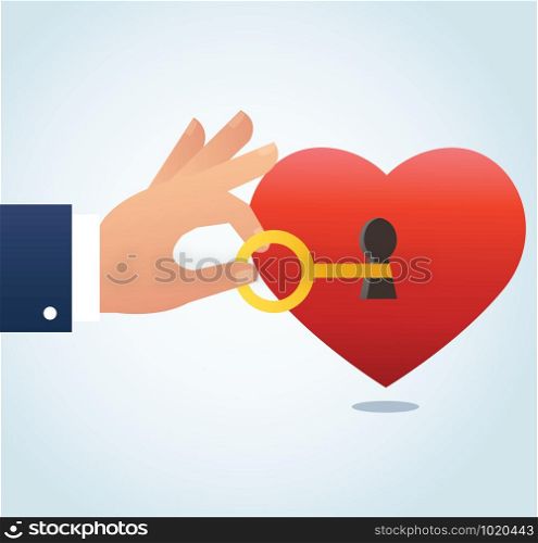 hand holding the big key with keyhole on red heart vector illustration