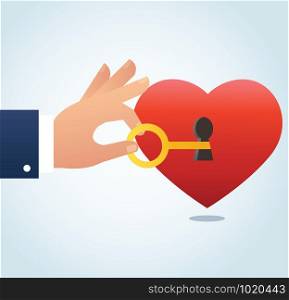 hand holding the big key with keyhole on red heart vector illustration