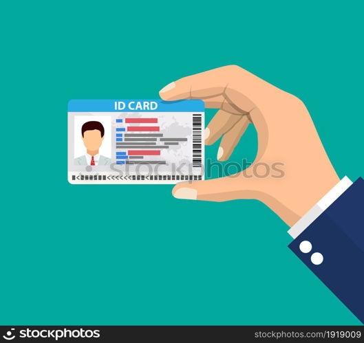 hand holding the id card. vector illustration in flat style. hand holding the id card.