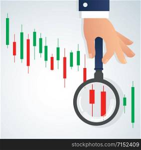hand holding the magnifying glass and candlestick chart stock market background vector illustration