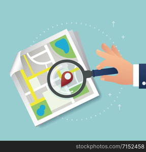 hand holding the magnifying glass and pin location icon and map vector, the concept of travel