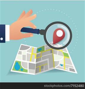 hand holding the magnifying glass and pin location icon and map vector, the concept of travel