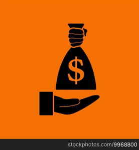 Hand Holding The Money Bag Icon. Black on Orange Background. Vector Illustration.