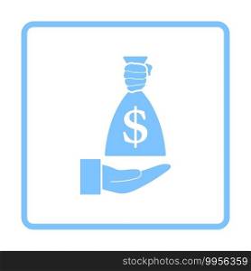 Hand Holding The Money Bag Icon. Blue Frame Design. Vector Illustration.