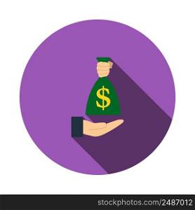 Hand Holding The Money Bag Icon. Flat Circle Stencil Design With Long Shadow. Vector Illustration.