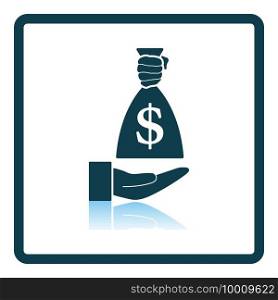 Hand Holding The Money Bag Icon. Square Shadow Reflection Design. Vector Illustration.
