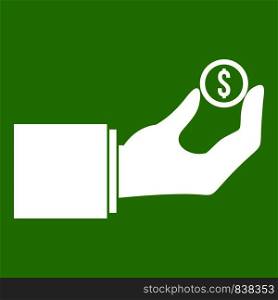 Hand holding the money coin icon white isolated on green background. Vector illustration. Hand holding the money coin icon green