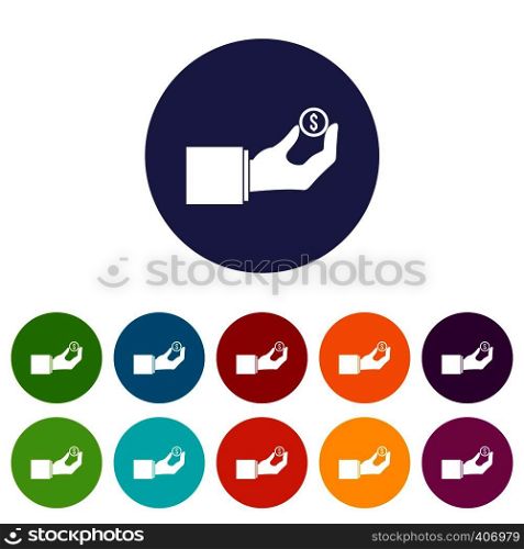 Hand holding the money coin set icons in different colors isolated on white background. Hand holding the money coin set icons
