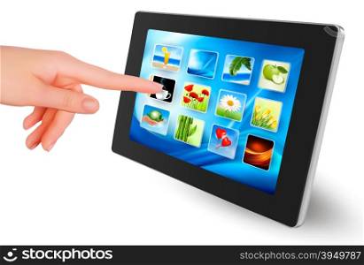 Hand holding touch pad pc and finger touching it&rsquo;s screen with icons. Vector.