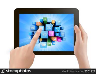 Hand holding touch pad pc and finger touching it&rsquo;s screen with icons. Vector