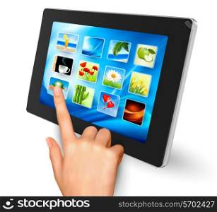 Hand holding touch pad pc and finger touching it&rsquo;s screen with icons. Vector.