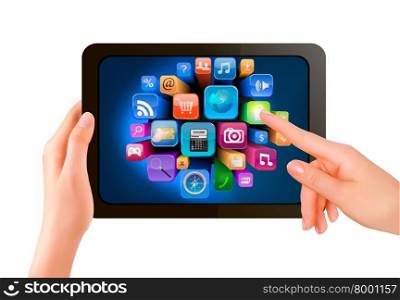 Hand holding touch pad pc and finger touching it&rsquo;s screen with icons. Vector