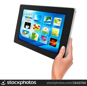 Hand holding touch pad pc. Vector.