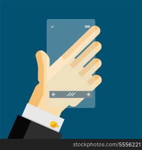 Hand holding transparent screen mobile phone. Flat design concept