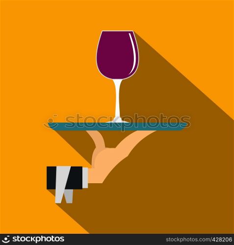 Hand holding tray with a glass of red wine icon. Flat illustration of hand holding tray with a glass of red wine vector icon for web isolated on yellow background. Hand holding tray with a glass of red wine icon