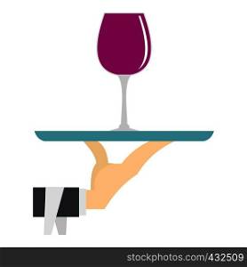 Hand holding tray with a glass of red wine icon flat isolated on white background vector illustration. Hand holding tray with a glass of red wine icon