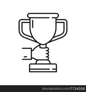 Hand holding trophy cup best prize award isolated thin line icon. Vector success in business, successful education, winners goal achievement. Leadership and inspiration, champion reward outline sign. Trophy cup best prize award in businessman hand