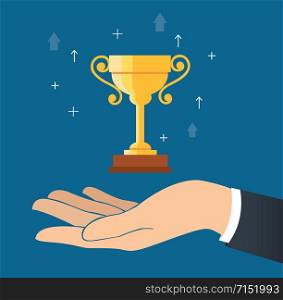 hand holding trophy cup vector, wining concept