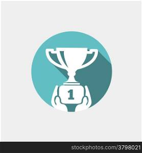 Hand holding trophy. Vector illustration in flat style