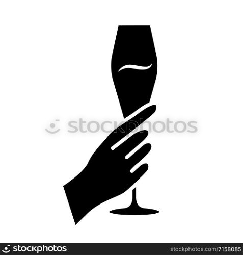 Hand holding tulip wine glass glyph icon. Champagne flute. Glassful of alcohol drink. Wine service. Celebration. Cheers. Degustation. Silhouette symbol. Negative space. Vector isolated illustration