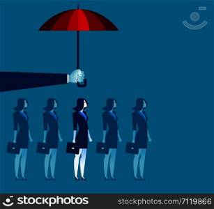 Hand holding umbrella above businesswoman. Concept business illustration. Vector flat