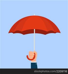 Hand holding umbrella isolated on white background. Security concept. Vector stock