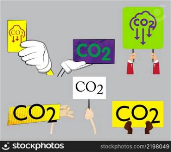 Hand holding up a banner with CO2 text. Showing billboard banner, sign. CO2 emissions emission Carbon dioxide air pollution reduction zone concept.
