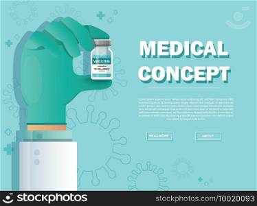 hand holding vaccine vial. Vaccination concept. Health care and protection. Vector illustration