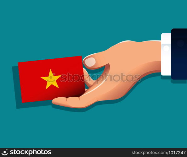 hand holding Vietnam flag card with blue background. vector illustration eps10