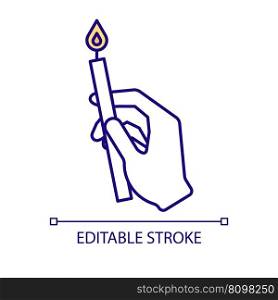 Hand holding votive candle RGB color icon. Believer praying in church. Celebration of religious holiday. Ritual item. Isolated vector illustration. Simple filled line drawing. Editable stroke. Hand holding votive candle RGB color icon