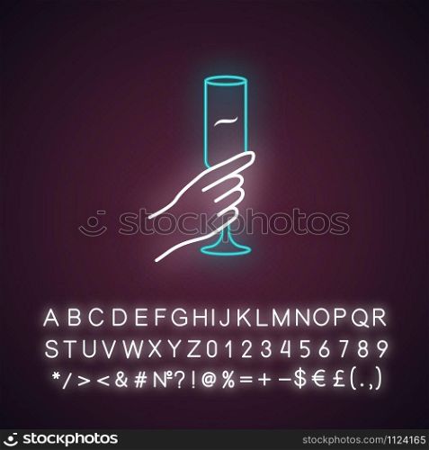 Hand holding wine glass blue neon light icon. Champagne flute. Glassful of alcohol beverage. Wine service. Celebration. Glowing sign with alphabet, numbers and symbols. Vector isolated illustration